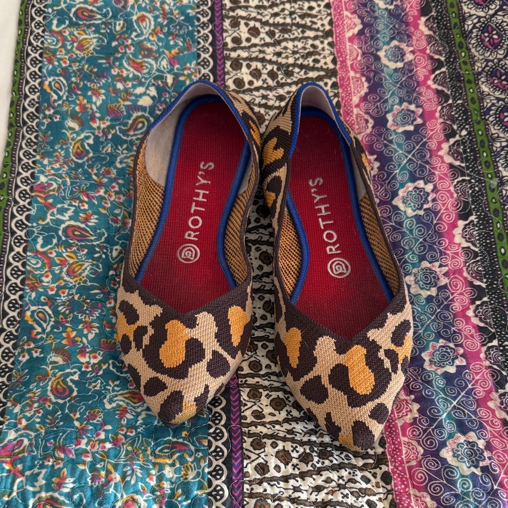 Rothy's Leopard Print Pointed Toe Flats in Brown and Mustard